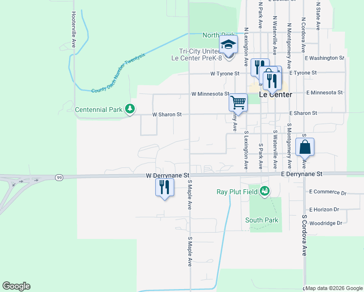 map of restaurants, bars, coffee shops, grocery stores, and more near 274 South Maple Avenue in Le Center