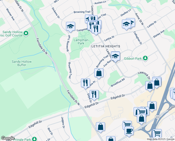map of restaurants, bars, coffee shops, grocery stores, and more near 142 Shakespeare Crescent in Barrie