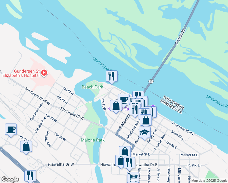 map of restaurants, bars, coffee shops, grocery stores, and more near 523 Lawrence Boulevard West in Wabasha