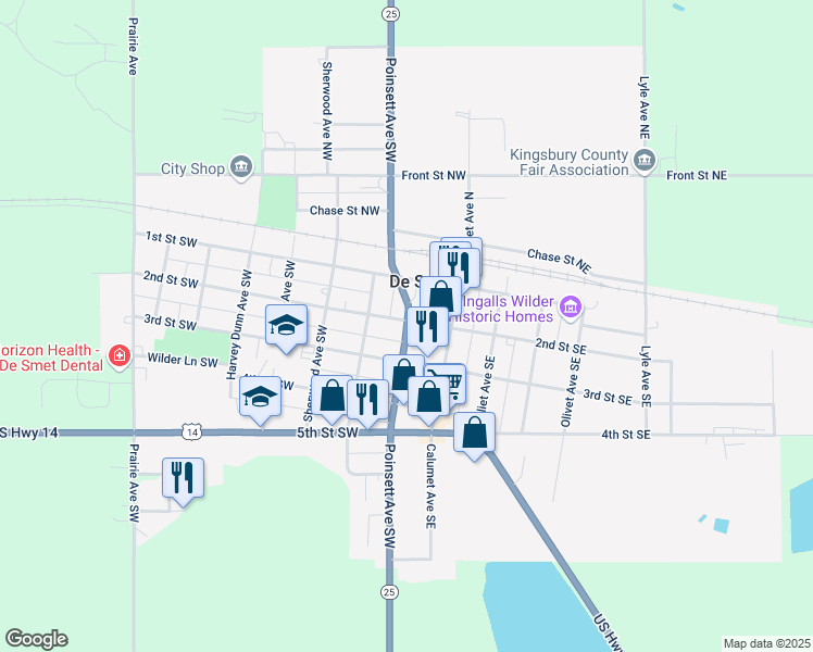 map of restaurants, bars, coffee shops, grocery stores, and more near 209 Poinsett Avenue Southwest in De Smet