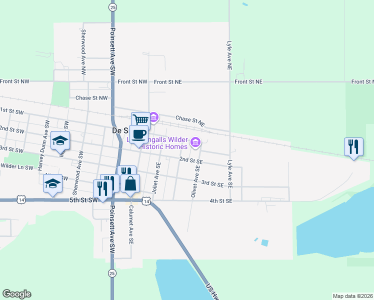 map of restaurants, bars, coffee shops, grocery stores, and more near 301-349 1st St SE in De Smet