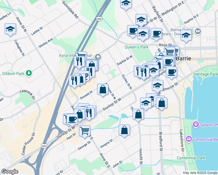map of restaurants, bars, coffee shops, grocery stores, and more near in Barrie