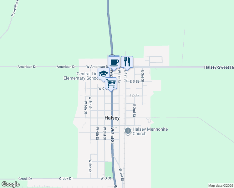 map of restaurants, bars, coffee shops, grocery stores, and more near 391 West 1st Street in Halsey