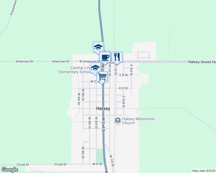 map of restaurants, bars, coffee shops, grocery stores, and more near 391 West 1st Street in Halsey
