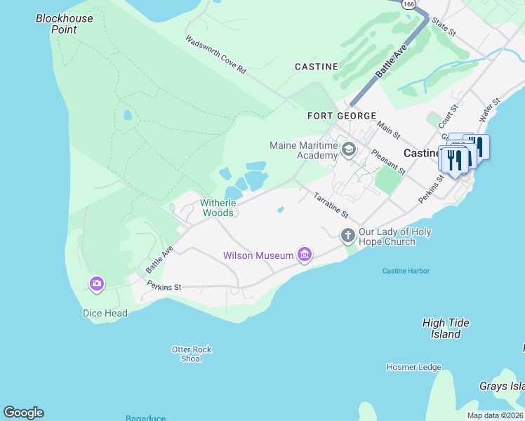 map of restaurants, bars, coffee shops, grocery stores, and more near 105 Battle Avenue in Castine