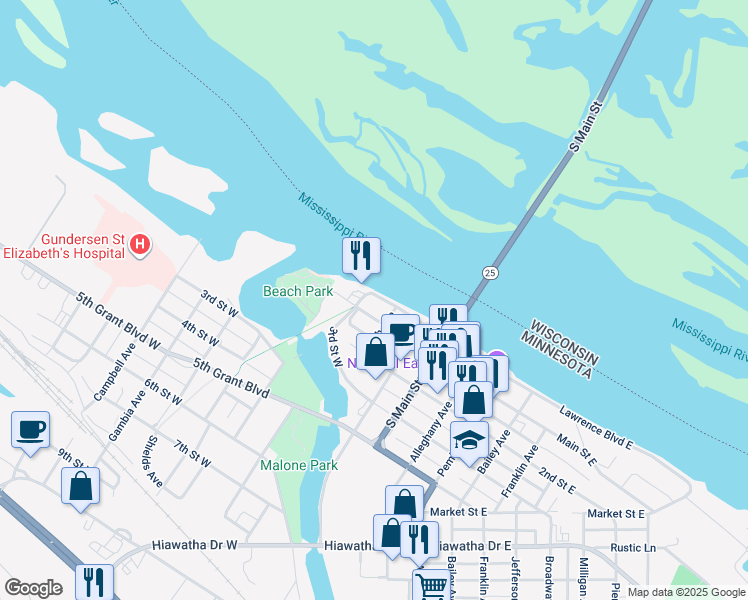 map of restaurants, bars, coffee shops, grocery stores, and more near 523 Lawrence Boulevard West in Wabasha