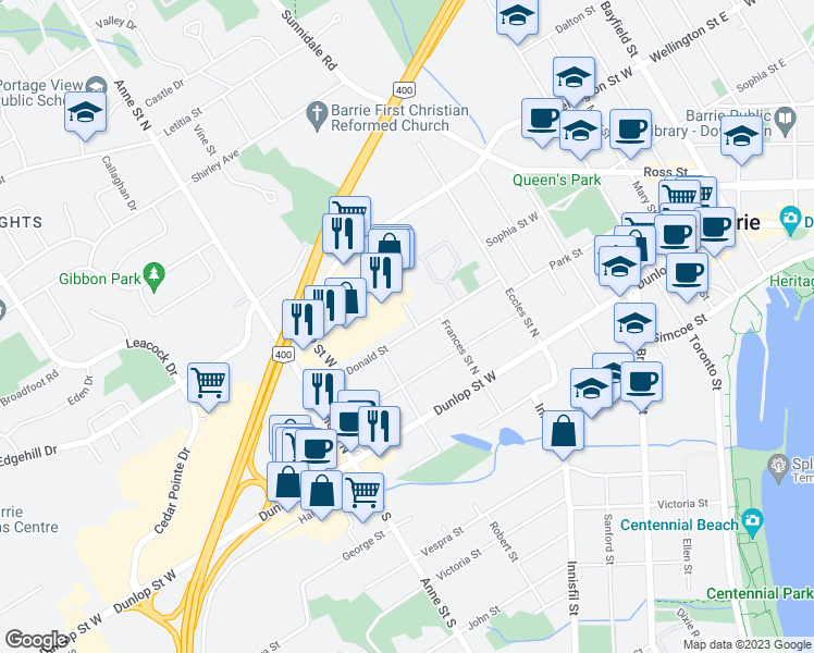 map of restaurants, bars, coffee shops, grocery stores, and more near 60 Donald Street in Barrie