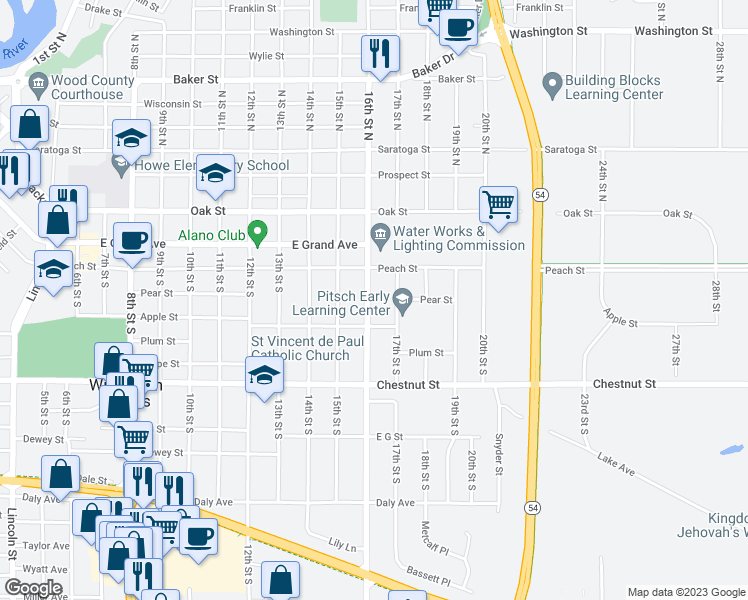 map of restaurants, bars, coffee shops, grocery stores, and more near 421 16th Street South in Wisconsin Rapids