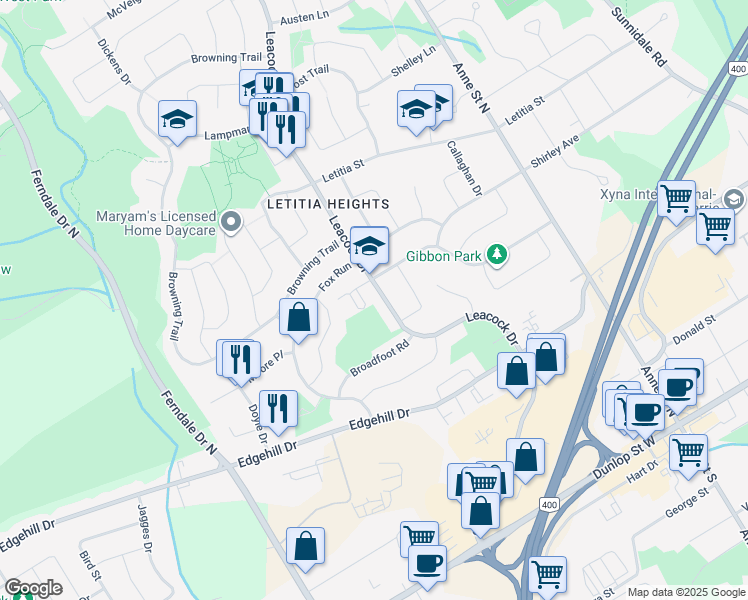 map of restaurants, bars, coffee shops, grocery stores, and more near 330 Leacock Drive in Barrie