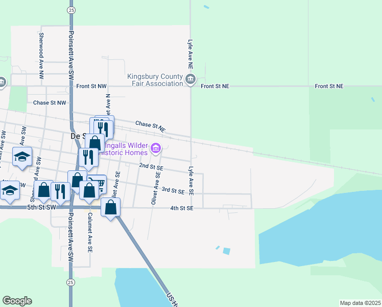 map of restaurants, bars, coffee shops, grocery stores, and more near 100 Lyle Avenue Northeast in De Smet
