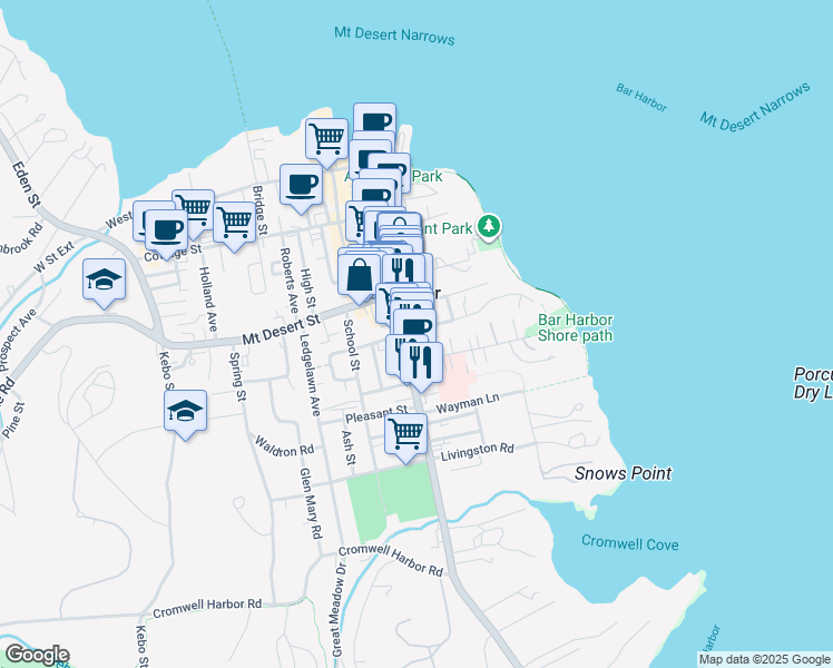 map of restaurants, bars, coffee shops, grocery stores, and more near 5 Atlantic Avenue in Bar Harbor