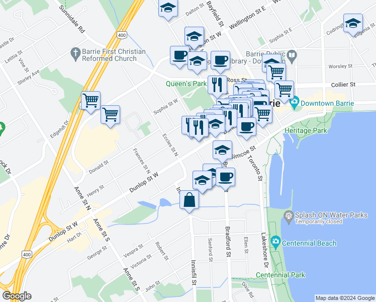 map of restaurants, bars, coffee shops, grocery stores, and more near 156 Dunlop Street West in Barrie