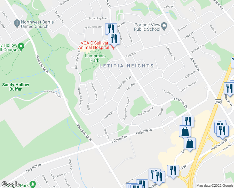 map of restaurants, bars, coffee shops, grocery stores, and more near 49 Browning Trail in Barrie