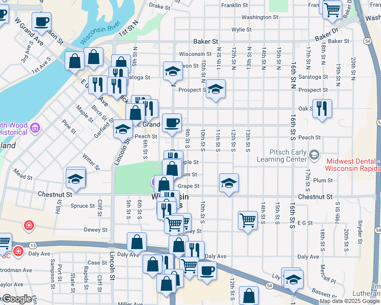 map of restaurants, bars, coffee shops, grocery stores, and more near 411 9th Street South in Wisconsin Rapids