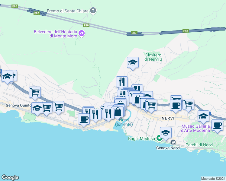 map of restaurants, bars, coffee shops, grocery stores, and more near 83 Via Luigi Biasioli in Genova