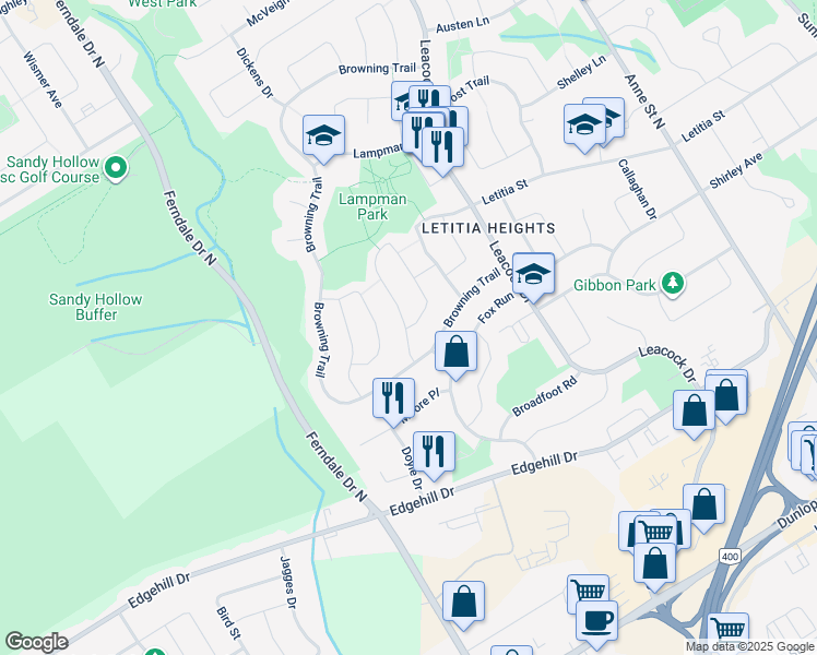 map of restaurants, bars, coffee shops, grocery stores, and more near 142 Shakespeare Crescent in Barrie