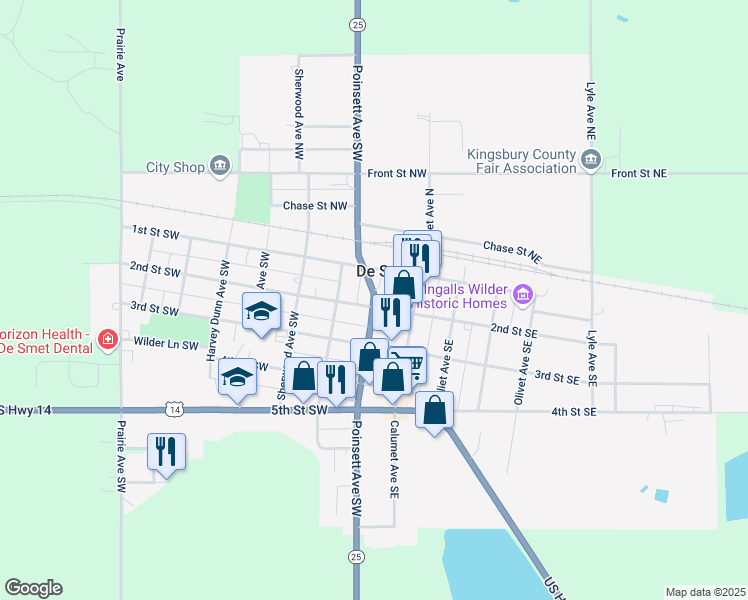 map of restaurants, bars, coffee shops, grocery stores, and more near South Dakota 25 in De Smet
