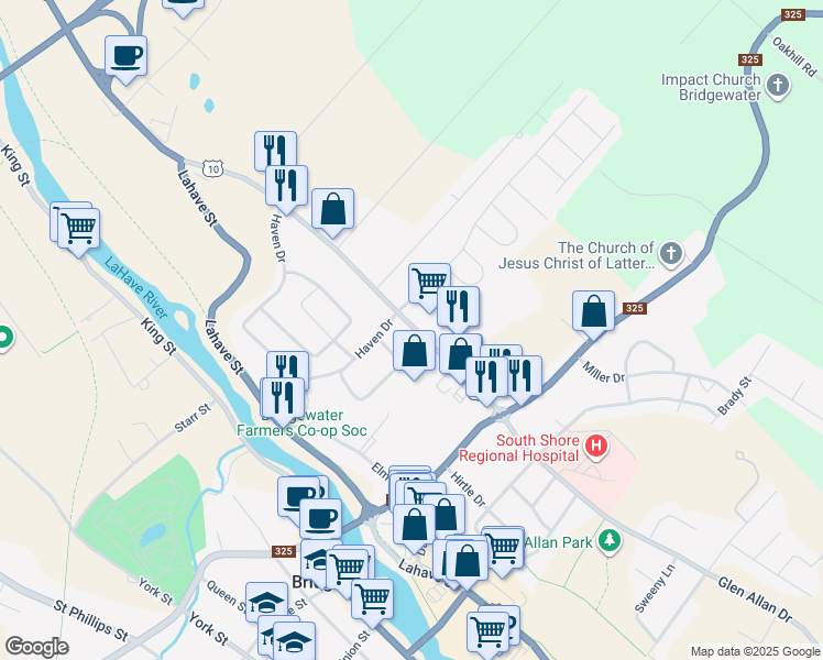map of restaurants, bars, coffee shops, grocery stores, and more near North Street in Bridgewater