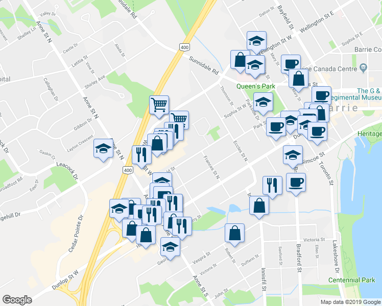 map of restaurants, bars, coffee shops, grocery stores, and more near 54 Donald Street in Barrie