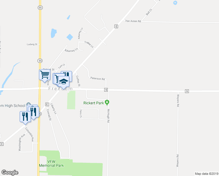 map of restaurants, bars, coffee shops, grocery stores, and more near N4104 Peterson Road in Freedom