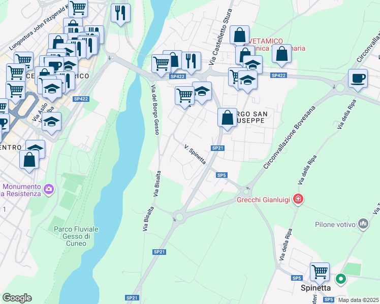 map of restaurants, bars, coffee shops, grocery stores, and more near 12 Via Spinetta in Cuneo