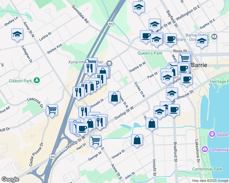 map of restaurants, bars, coffee shops, grocery stores, and more near in Barrie