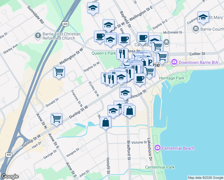 map of restaurants, bars, coffee shops, grocery stores, and more near in Barrie