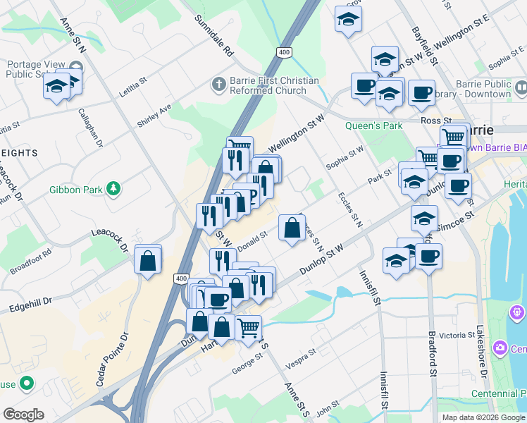 map of restaurants, bars, coffee shops, grocery stores, and more near 165 Wellington Street West in Barrie