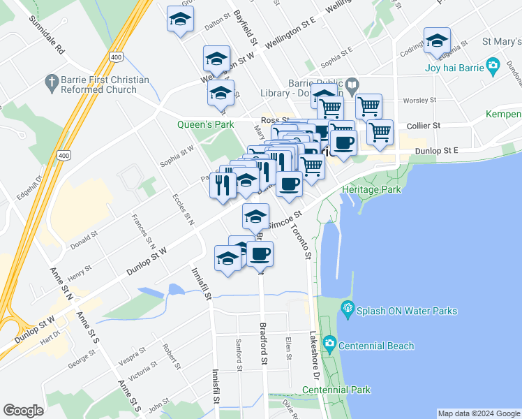 map of restaurants, bars, coffee shops, grocery stores, and more near 13 Bradford Street in Barrie