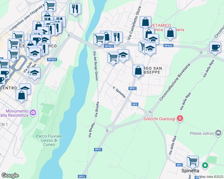 map of restaurants, bars, coffee shops, grocery stores, and more near 12 Via Spinetta in Cuneo