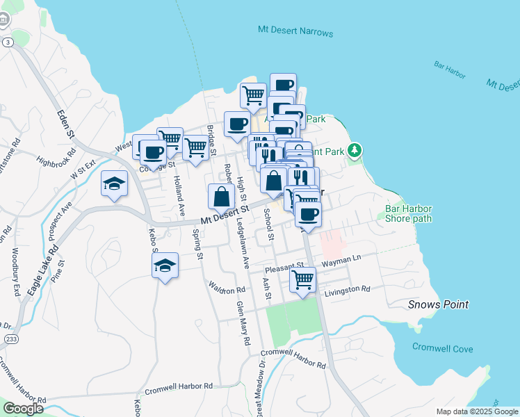 map of restaurants, bars, coffee shops, grocery stores, and more near 34 Mount Desert Street in Bar Harbor