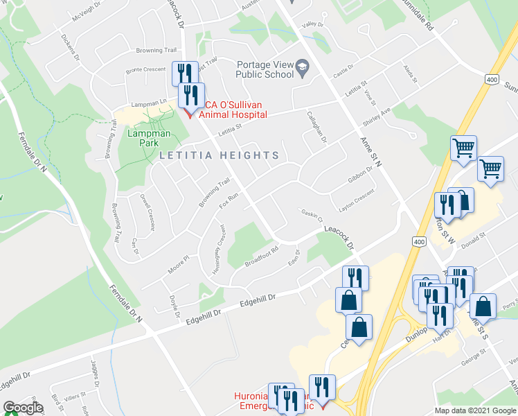 map of restaurants, bars, coffee shops, grocery stores, and more near 335 Leacock Drive in Barrie