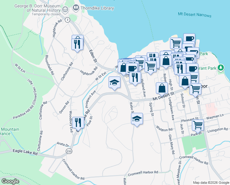 map of restaurants, bars, coffee shops, grocery stores, and more near 11 Eagle Lake Road in Bar Harbor