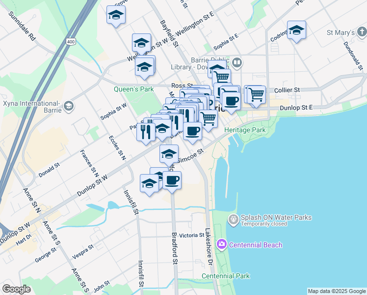 map of restaurants, bars, coffee shops, grocery stores, and more near in Barrie