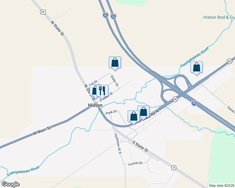 map of restaurants, bars, coffee shops, grocery stores, and more near 163 East Main Street in Hixton