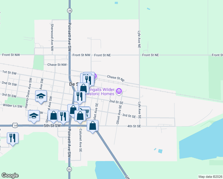 map of restaurants, bars, coffee shops, grocery stores, and more near 301 1st Street Northeast in De Smet