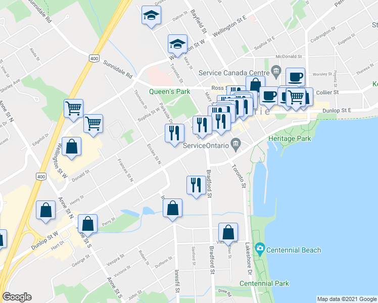 map of restaurants, bars, coffee shops, grocery stores, and more near Dunlop Street West & Parkside Drive in Barrie