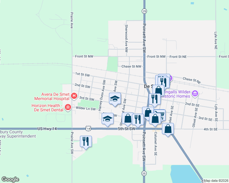 map of restaurants, bars, coffee shops, grocery stores, and more near 201 Ingalls Avenue Southwest in De Smet