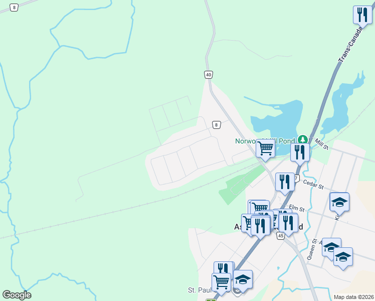 map of restaurants, bars, coffee shops, grocery stores, and more near 96 Darrell Drain Crescent in Asphodel-Norwood