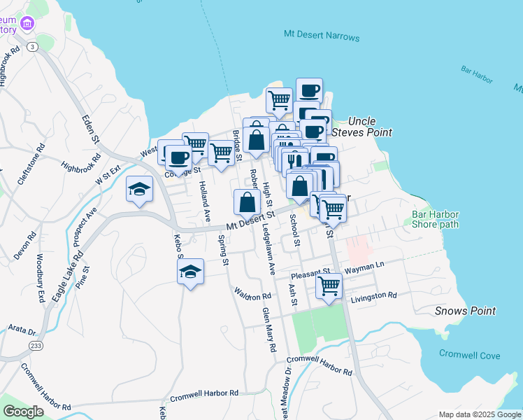 map of restaurants, bars, coffee shops, grocery stores, and more near in Bar Harbor