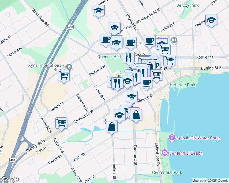 map of restaurants, bars, coffee shops, grocery stores, and more near 150 Dunlop Street West in Barrie