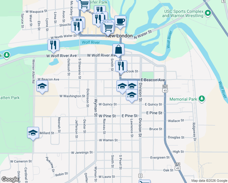 map of restaurants, bars, coffee shops, grocery stores, and more near 706 Smith Street in New London