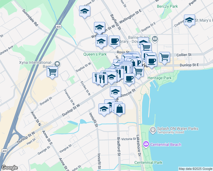 map of restaurants, bars, coffee shops, grocery stores, and more near 126 Dunlop Street West in Barrie