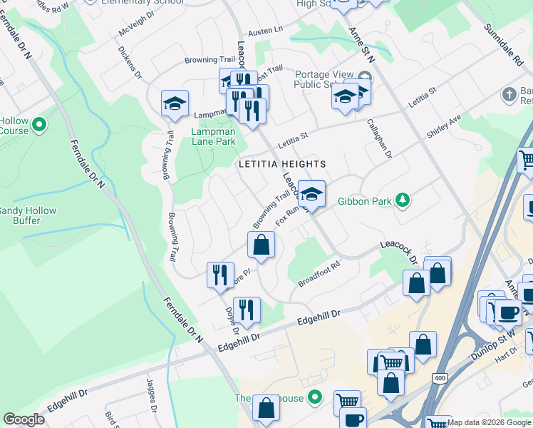 map of restaurants, bars, coffee shops, grocery stores, and more near 49 Browning Trail in Barrie