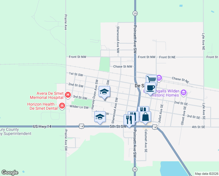 map of restaurants, bars, coffee shops, grocery stores, and more near 201 Ingalls Avenue Southwest in De Smet