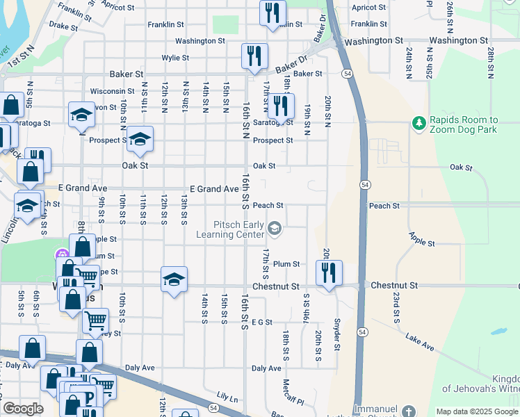 map of restaurants, bars, coffee shops, grocery stores, and more near 421 16th Street South in Wisconsin Rapids