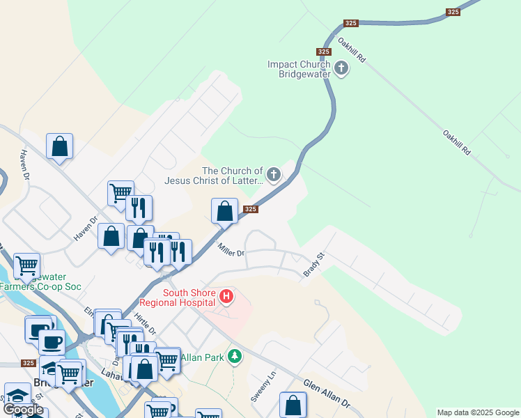 map of restaurants, bars, coffee shops, grocery stores, and more near 304 Aberdeen Road in Bridgewater