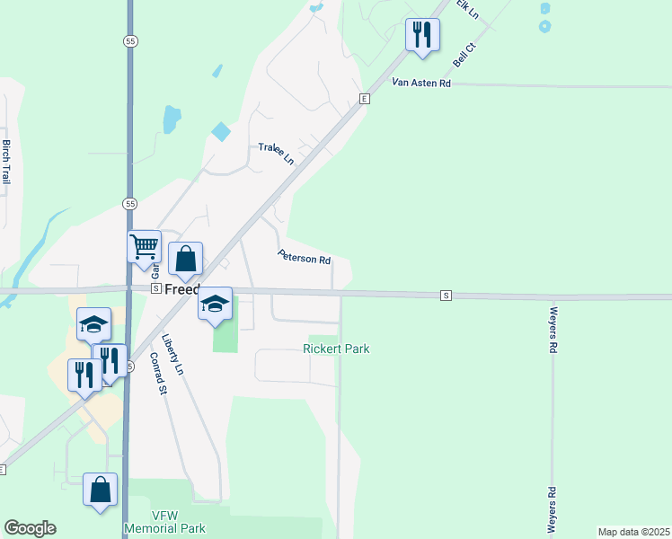 map of restaurants, bars, coffee shops, grocery stores, and more near N4104 Peterson Road in Freedom