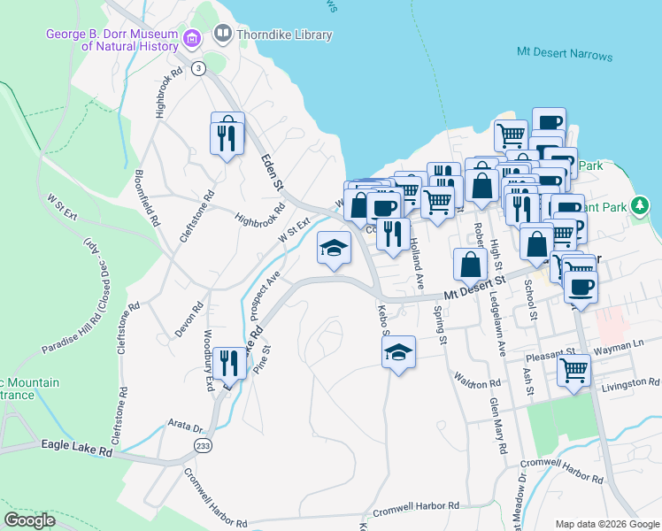 map of restaurants, bars, coffee shops, grocery stores, and more near 11 Eagle Lake Road in Bar Harbor
