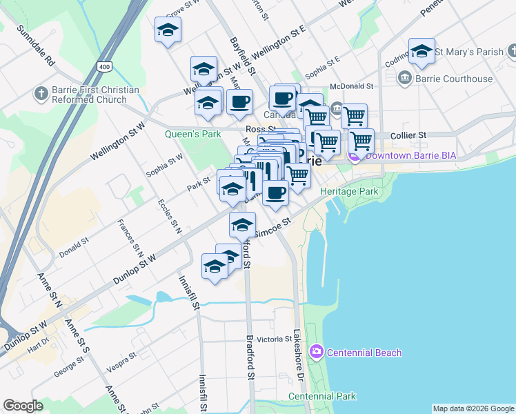 map of restaurants, bars, coffee shops, grocery stores, and more near in Barrie